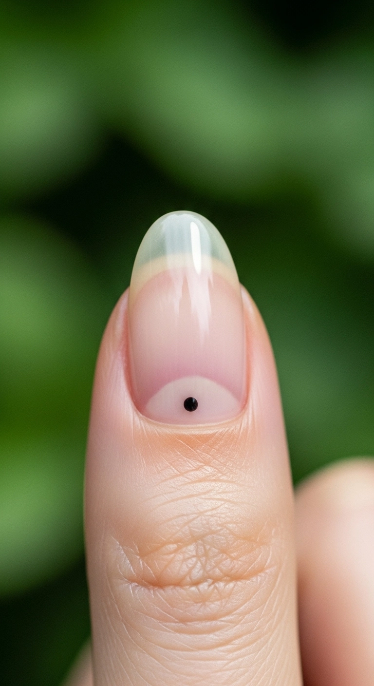 An ultra-minimalist simple spring nail design with a single black micro dot at the base of a nude nail.