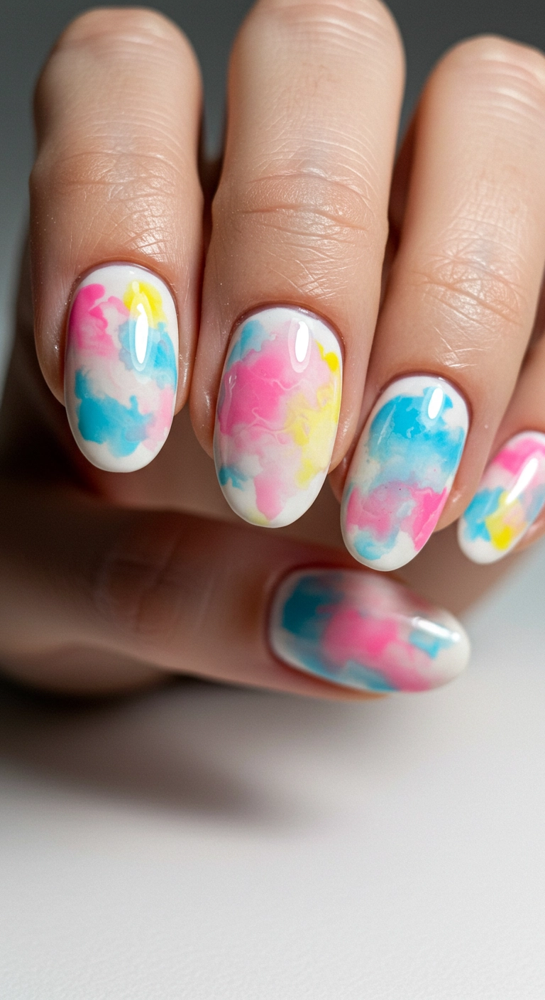 A simple spring nail art idea featuring an abstract watercolor design with pastel colors.