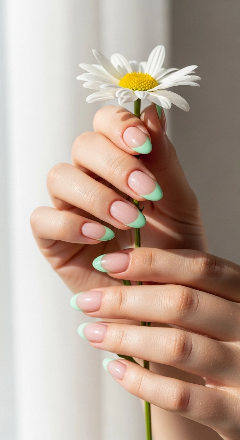 A close-up of almond-shaped nails with a simple spring design featuring pastel mint green French tips.
