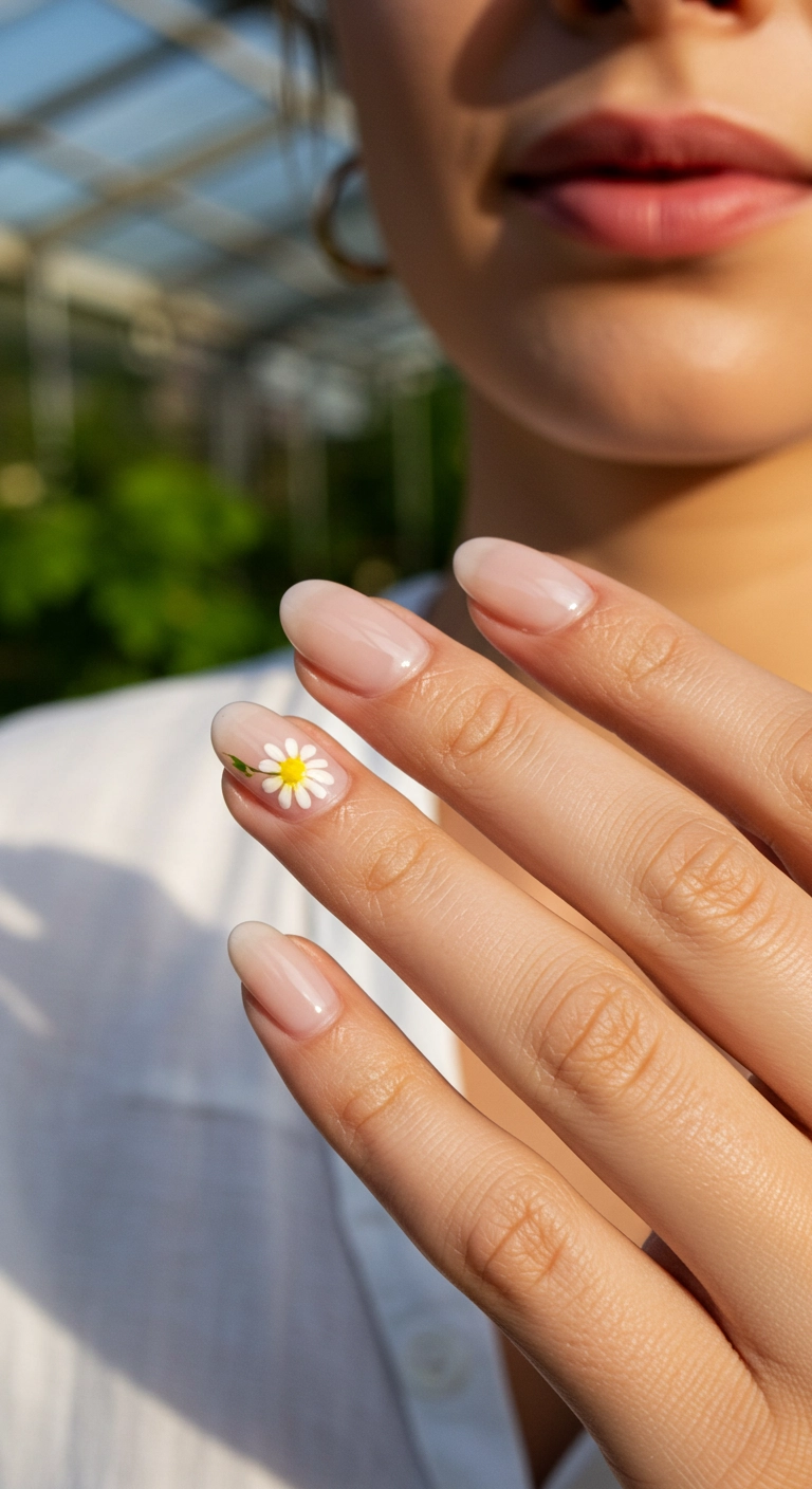 Simple spring nails with a sheer pink polish and a delicate daisy painted on the ring finger.