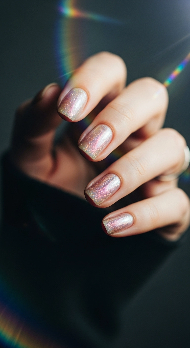 A hand catching the light to show a subtle, iridescent shimmer polish over clear nails.