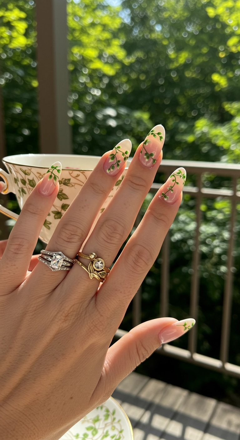A simple and elegant spring nail design showing a delicate green vine painted on a sheer nude base.