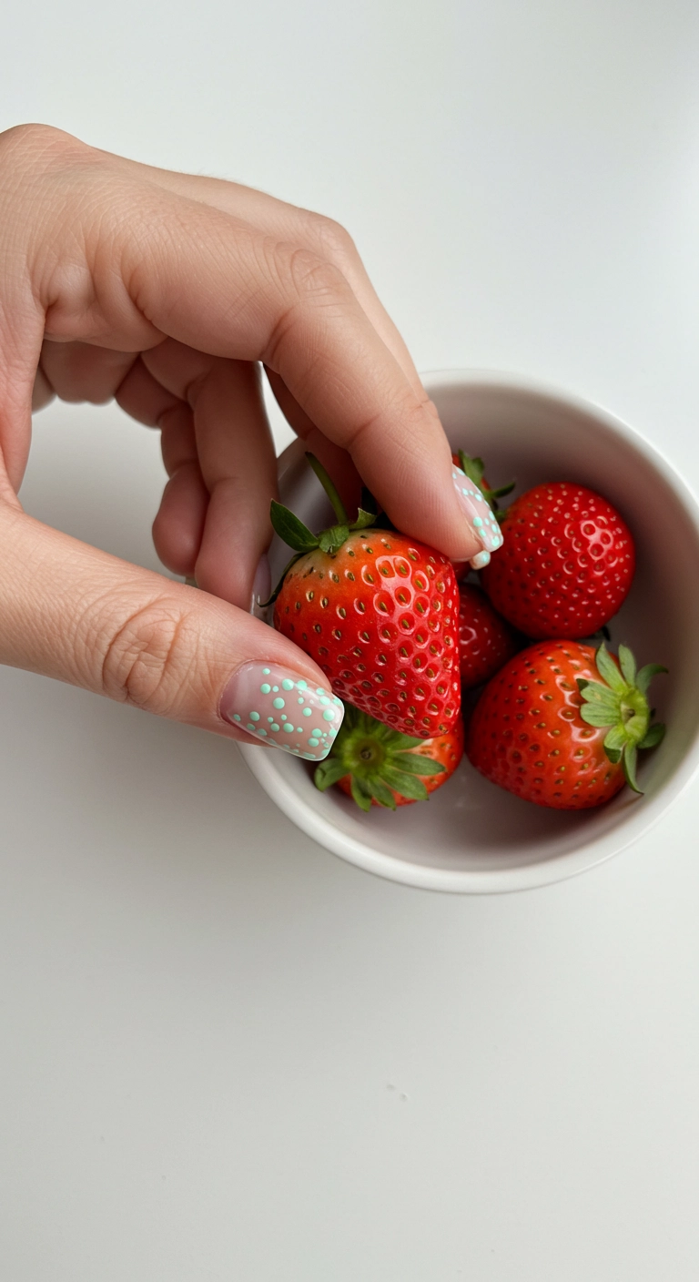 A close-up of a hand with clear nails and tiny mint green dots.