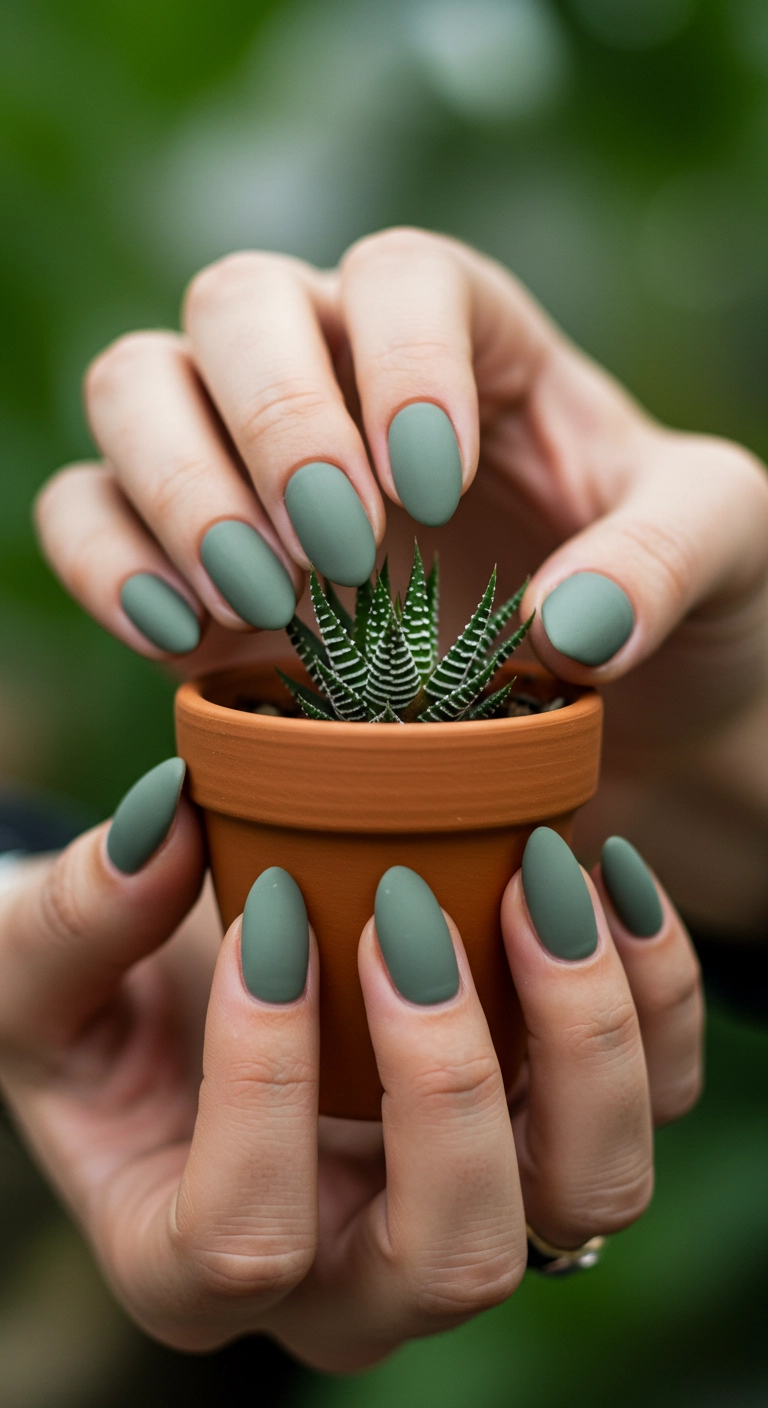 Hands with almond-shaped nails painted in a matte sage green color.