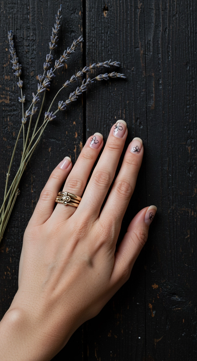 A hand with bare nails featuring minimalist flowers outlined in black.