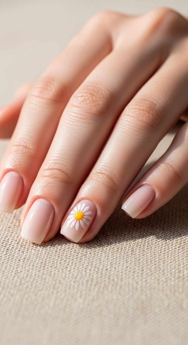 A hand with nude nails and a single dainty daisy painted on the ring finger.