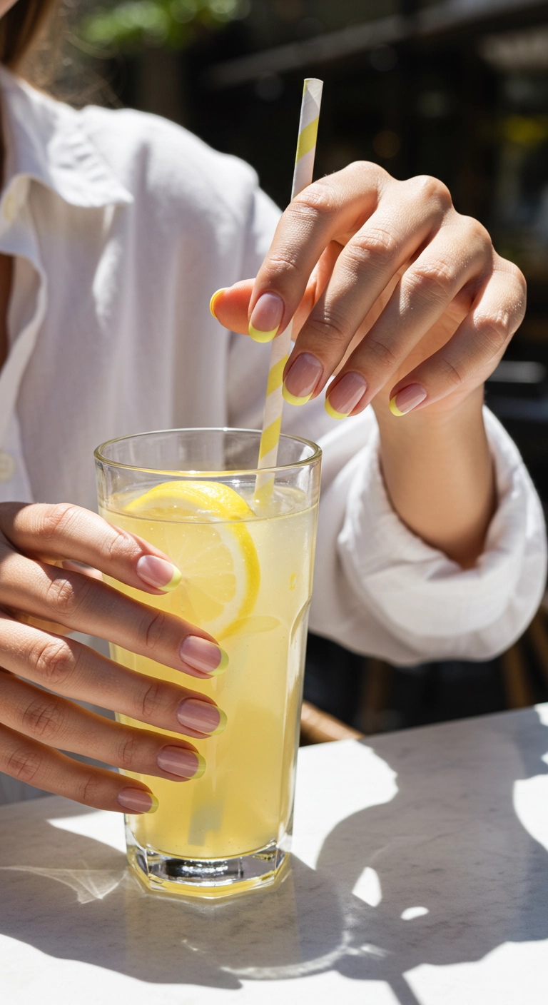 A hand showing nails with a very thin, bright yellow French tip.