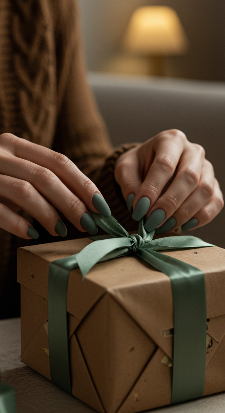 A simple and chic spring manicure with coffin-shaped nails in a solid sage green with a matte finish.