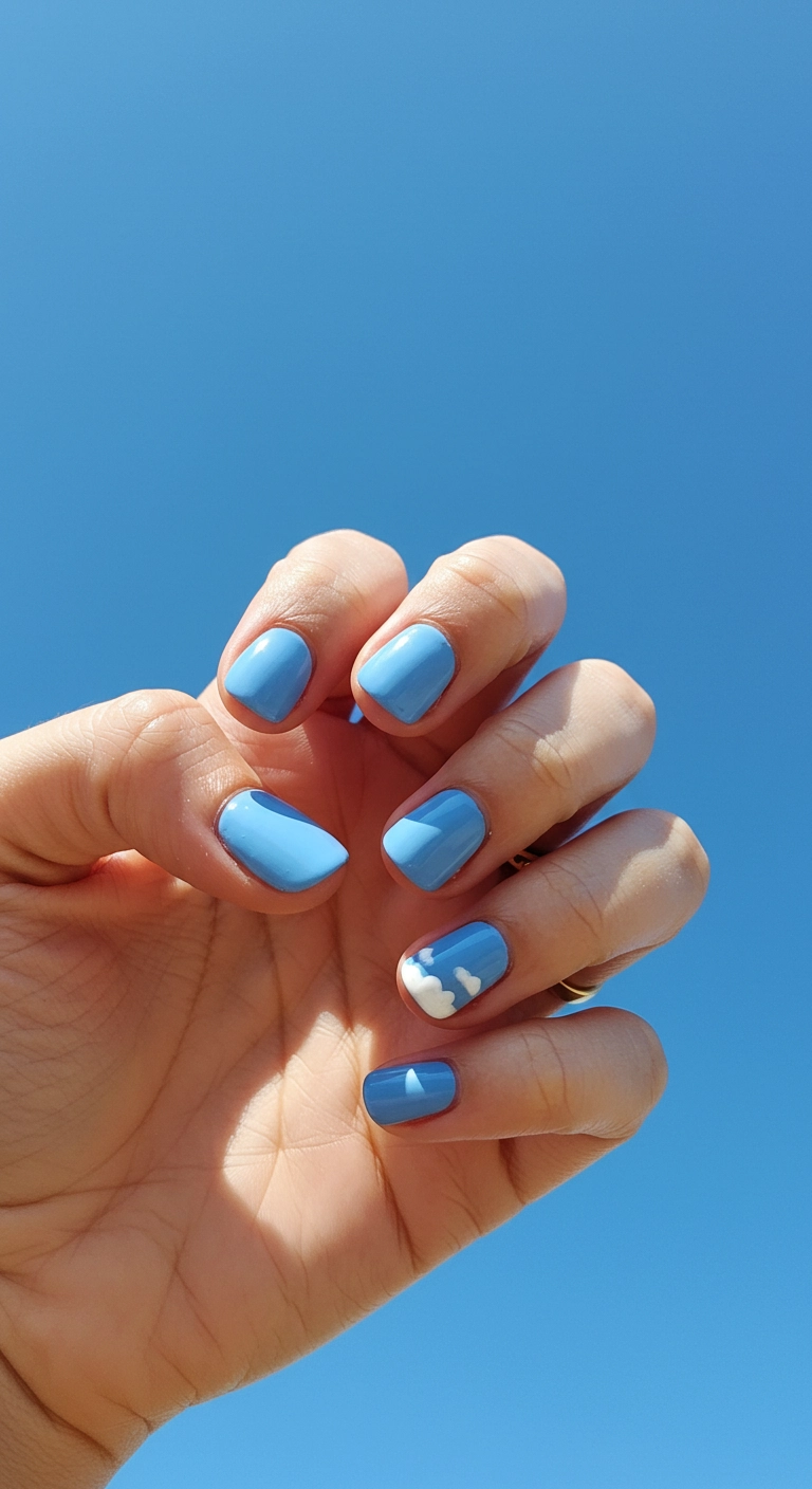 A cute and simple spring nail idea with baby blue polish and a small white cloud on the accent nail.