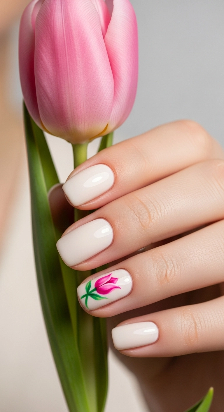 A hand holding a pink tulip, with a matching tulip painted on the ring finger.