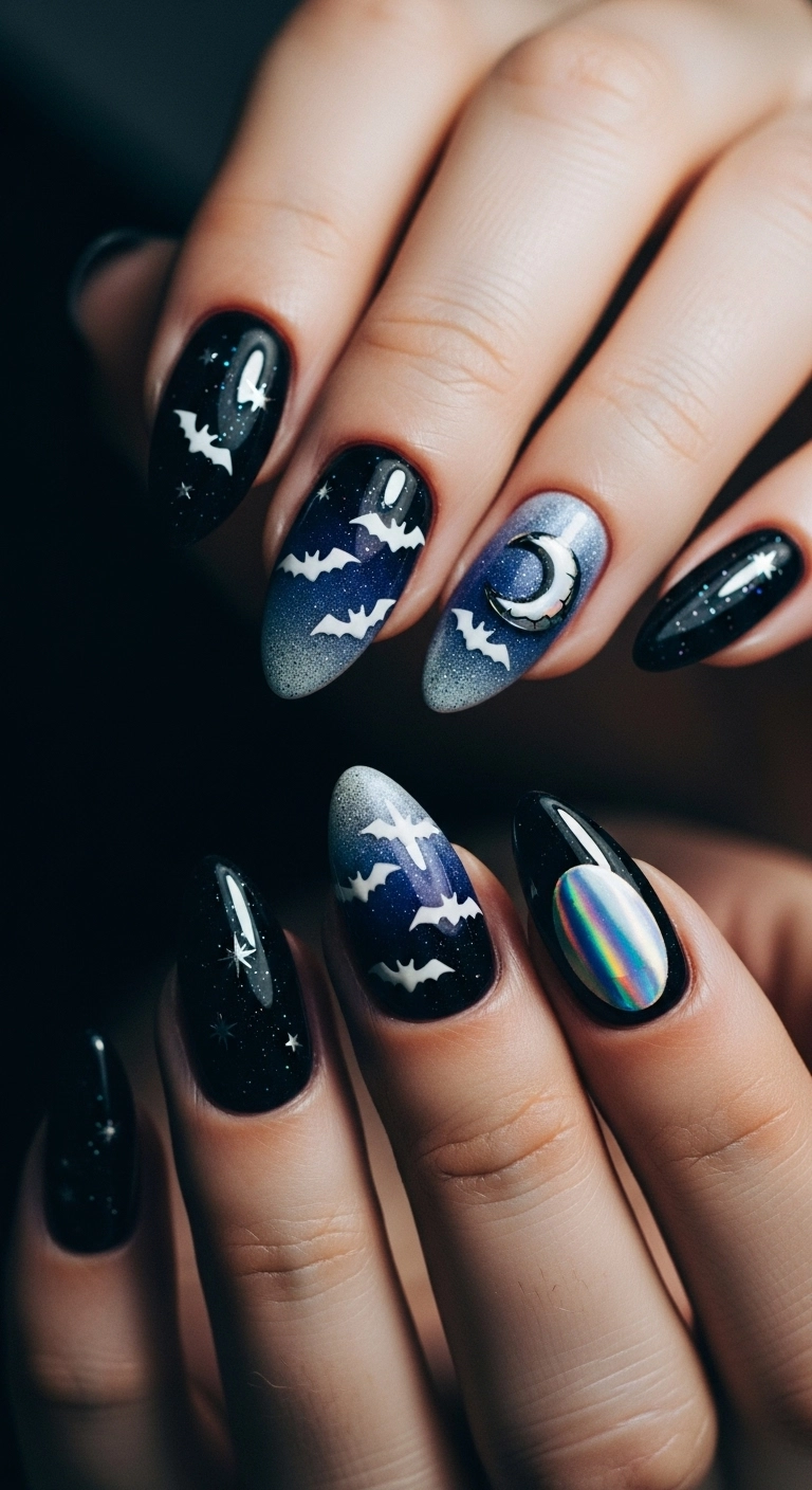 Almond nails with a dark blue-to-black gradient, featuring tiny white bats and a silver moon.