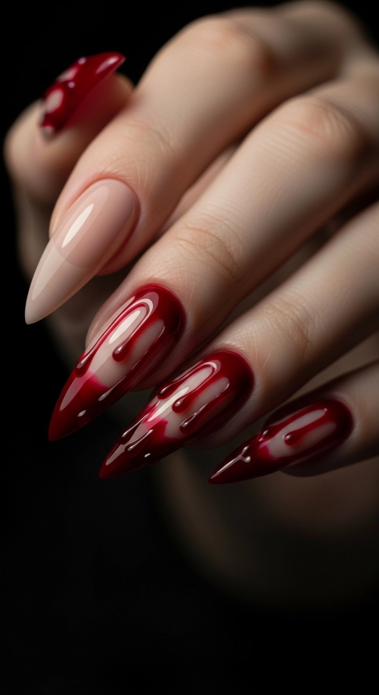 Stiletto nails with a glossy nude base and realistic red blood drips coming from the cuticles.