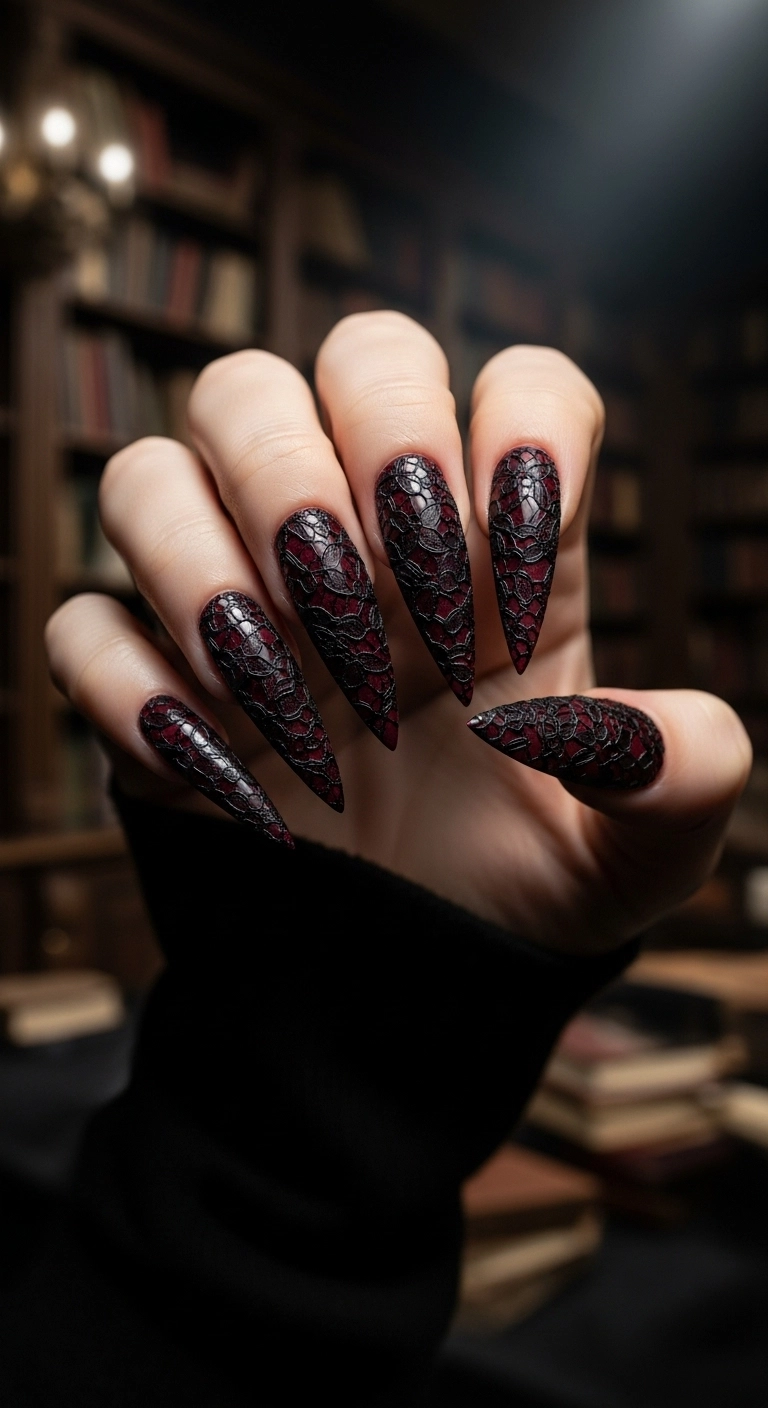 Long stiletto nails with a dark red base and a detailed black lace pattern on top.