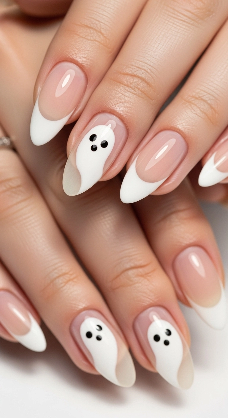 Close-up of almond-shaped nails with a nude base and white French tips shaped like cute ghosts.