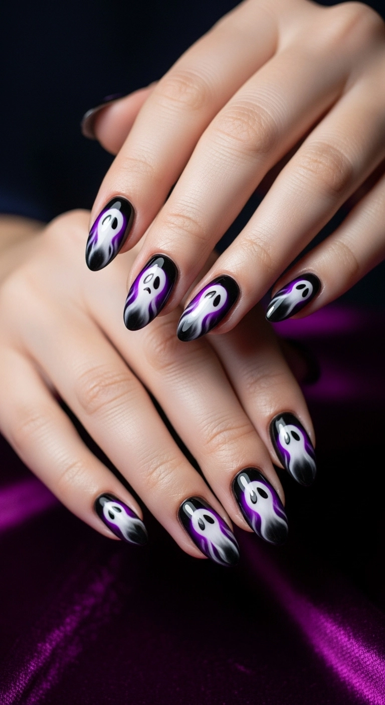 Oval nails with a black base and a smoky, airbrushed white and purple aura in the center.
