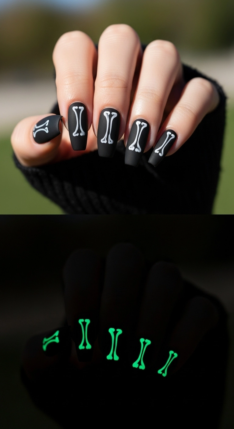 A before-and-after image of nails with a skeleton design, showing them in the light and glowing green in the dark.