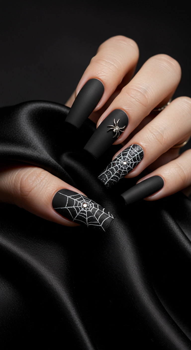 Matte black coffin nails with two accent nails showing intricate silver spiderwebs.