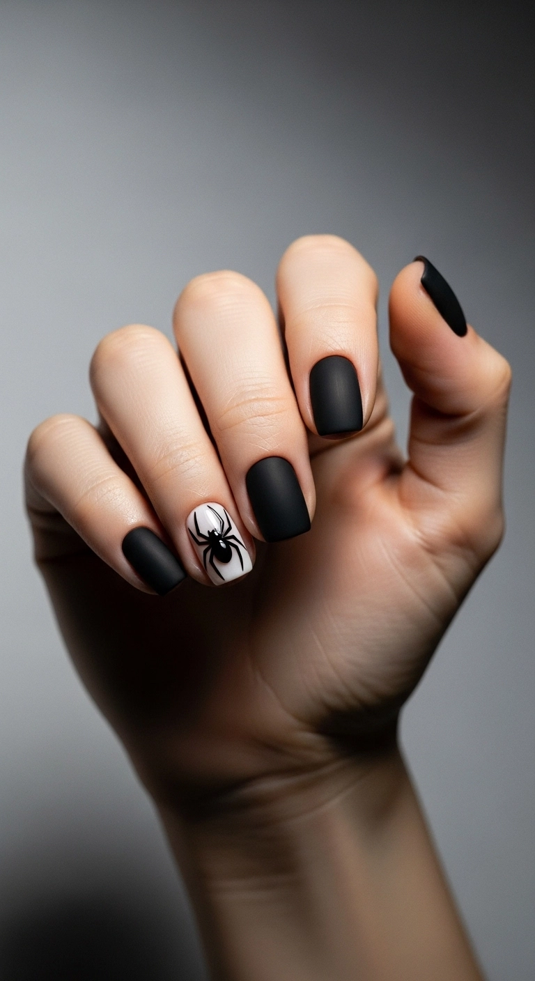 Short matte black nails with one accent nail that has a glossy black spider design on it.