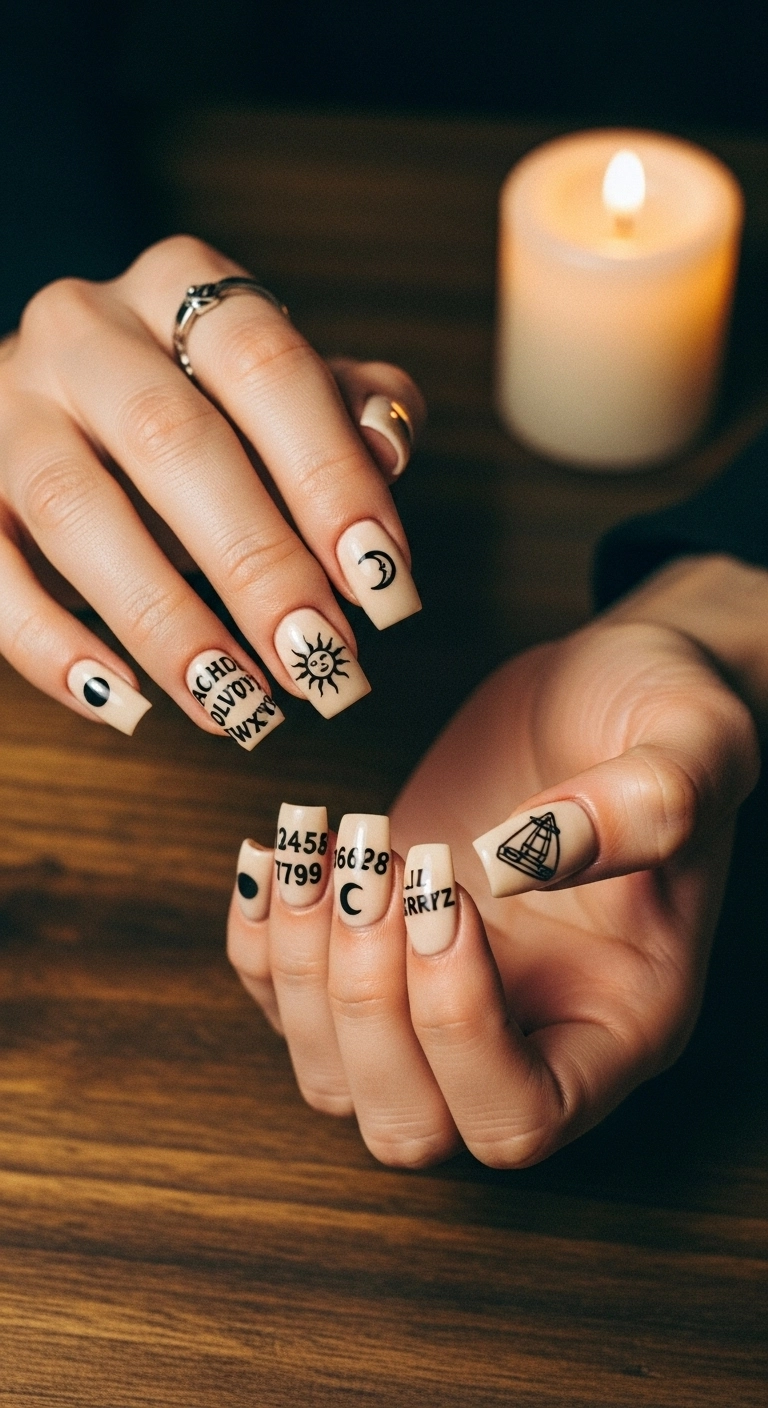Square nails with a beige base painted with black Ouija board symbols like letters, a sun, and a moon.