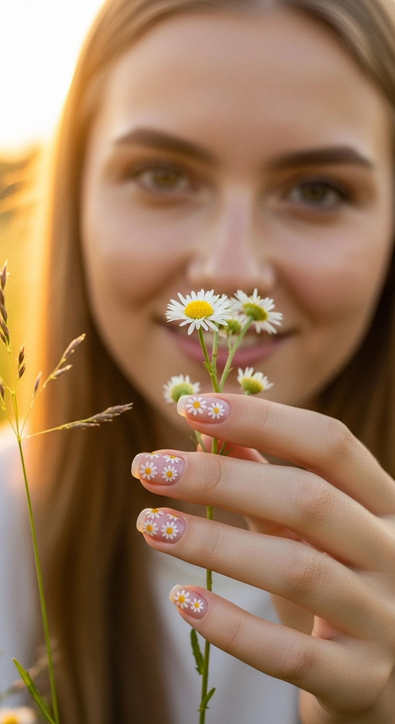 Short natural nails with a sheer pink base and scattered tiny daisy art.