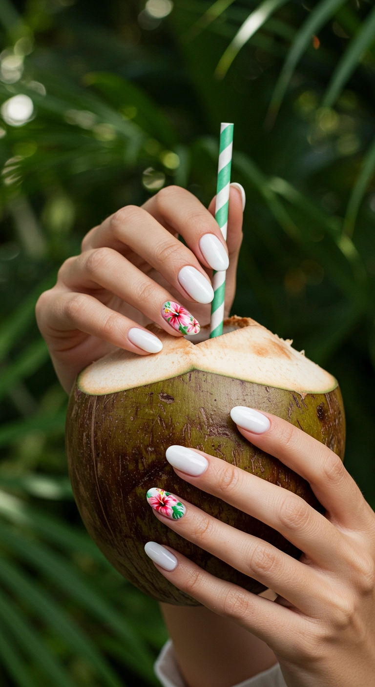 Oval nails with a white base and realistic hibiscus flower art on accent nails.