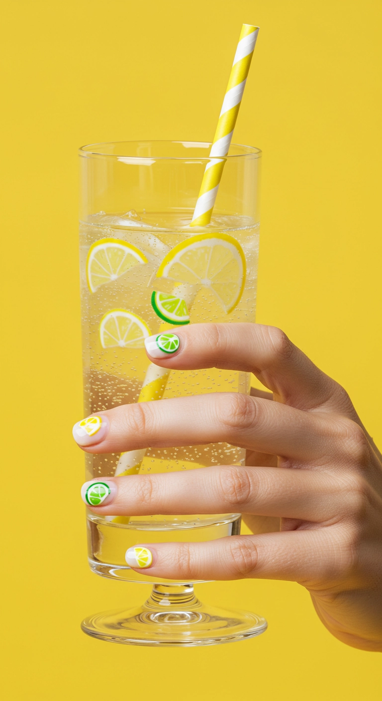 Short round nails with a milky base and cute painted citrus slices.