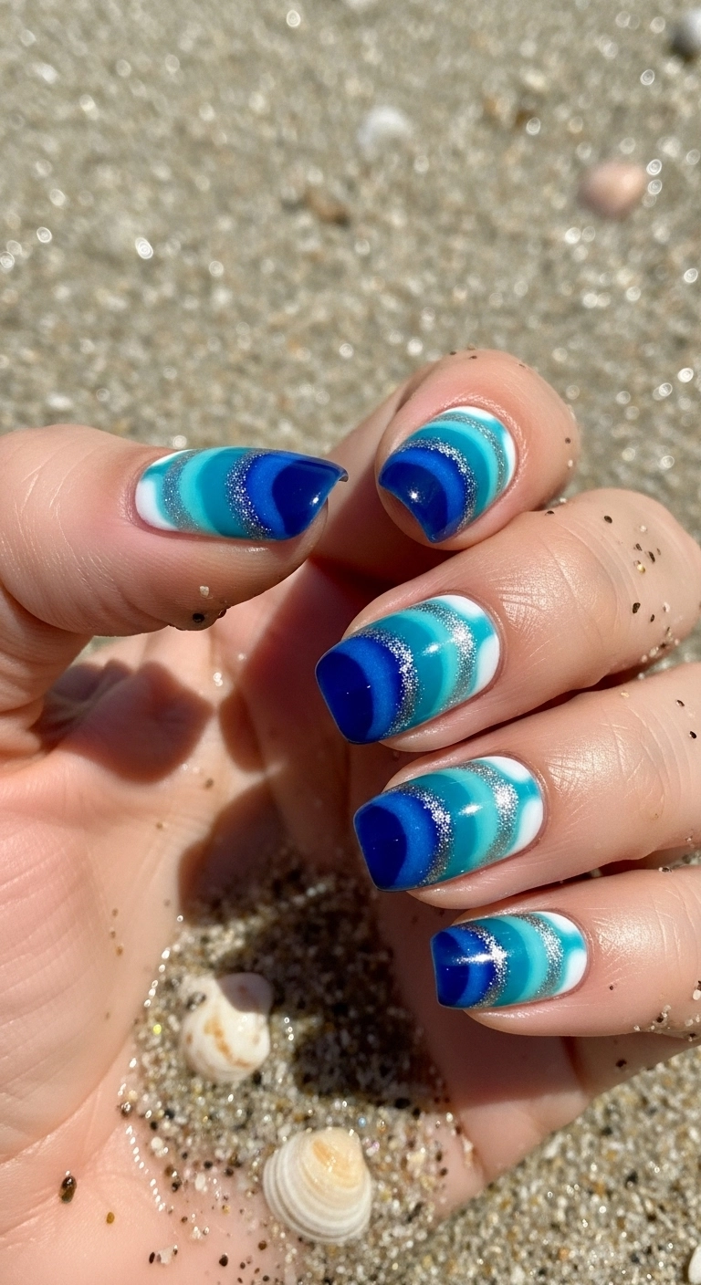 Short squoval nails with a realistic blue and white ocean wave art and glitter accents.