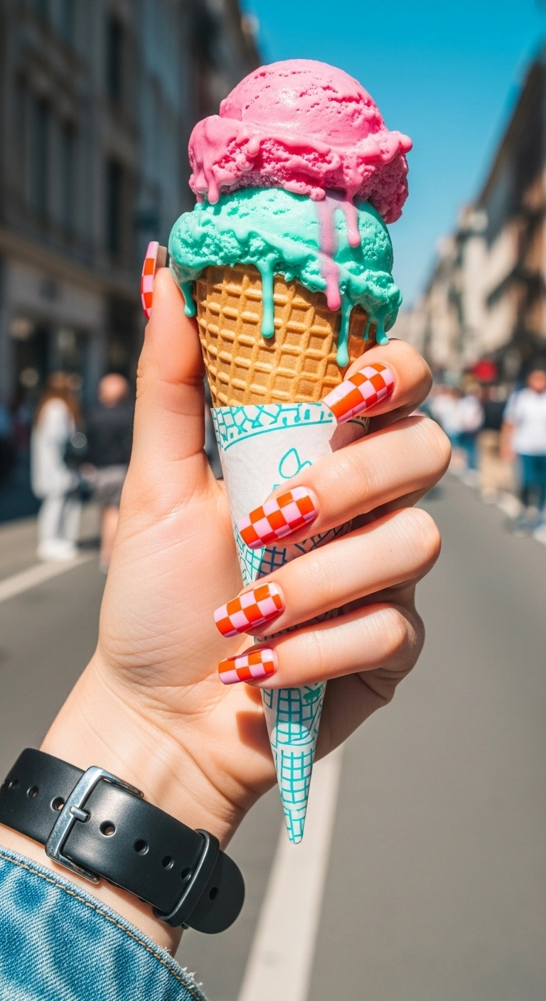 Square nails with a vibrant pink and orange checkerboard pattern.