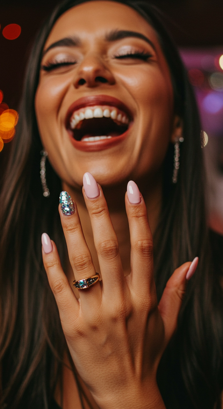 Squoval nails in a baby pink color with a full iridescent glitter accent nail.