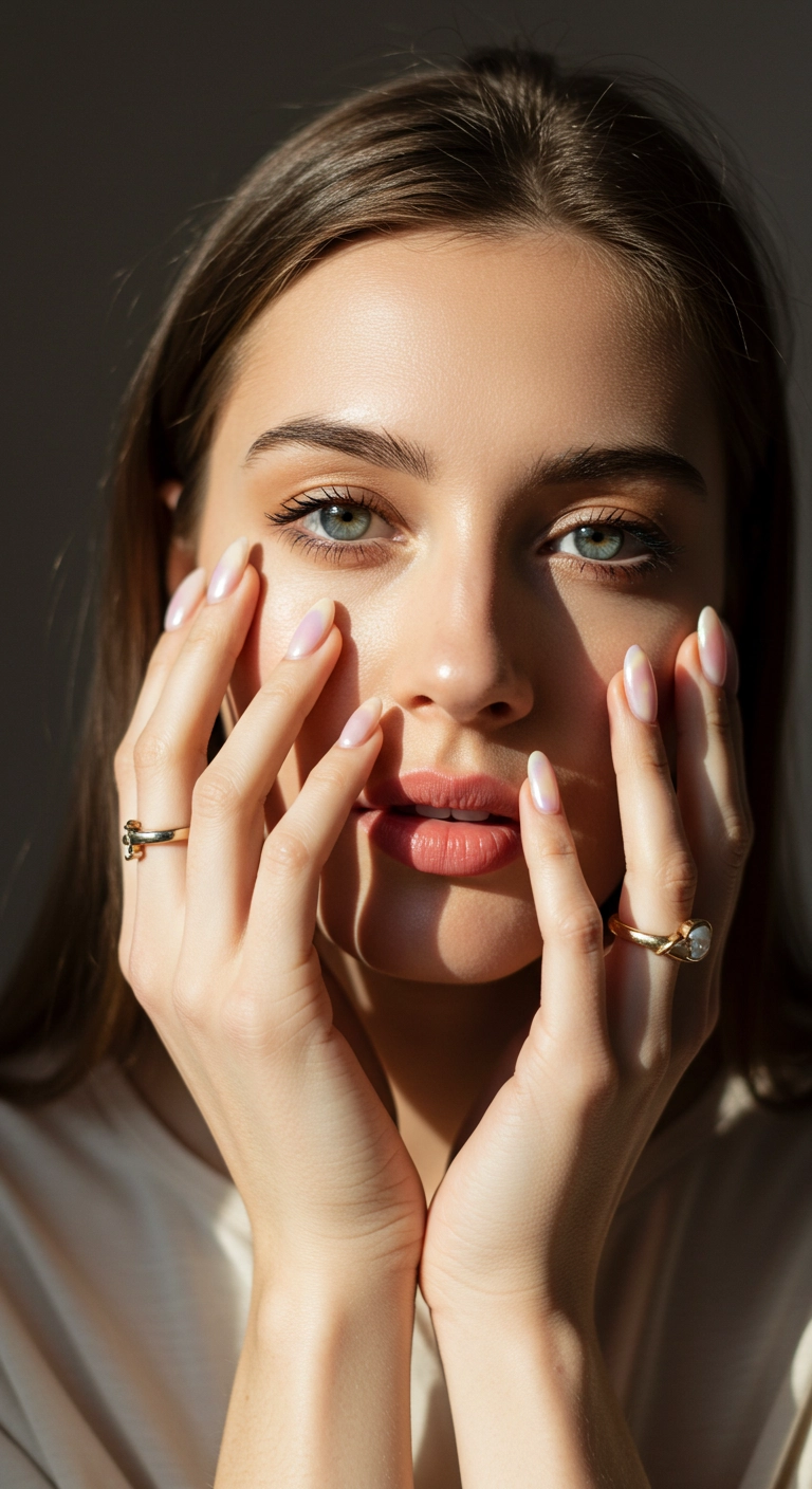 A woman showcasing her pastel pink and white aura nails with a chrome finish.
