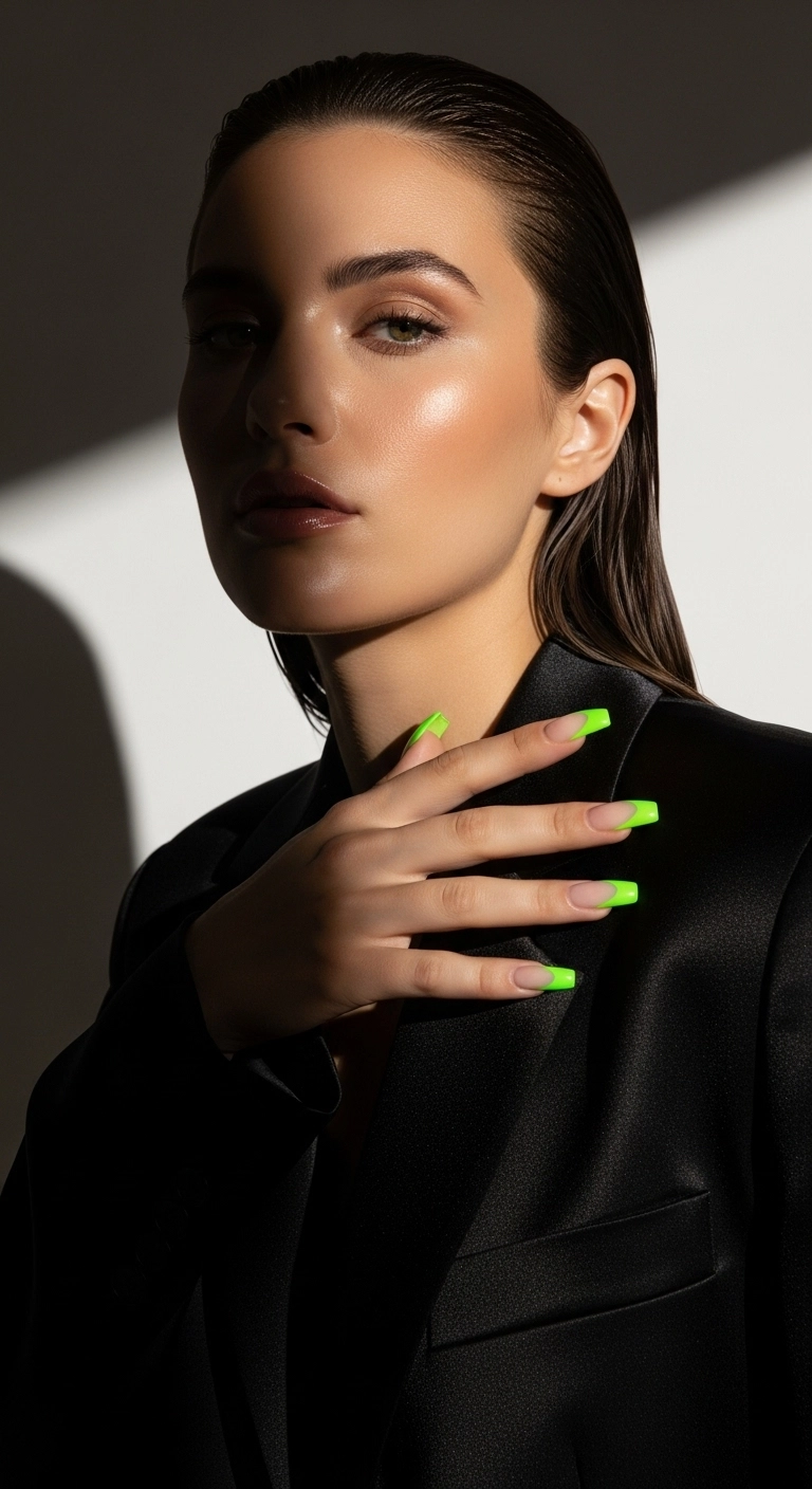 A woman's hand with coffin nails featuring a nude base and bright neon green French tips.