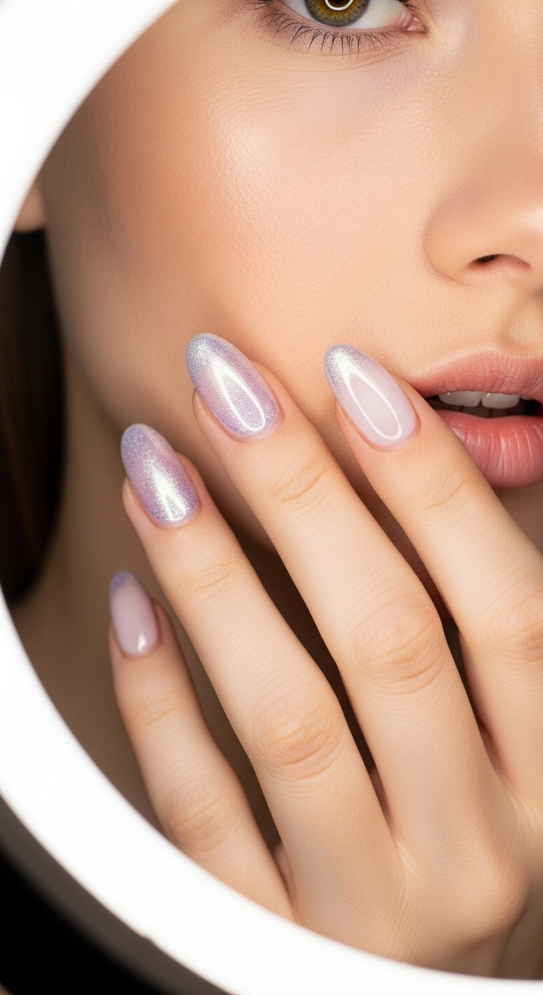 Oval nails with a sheer lavender base and a pearlescent chrome