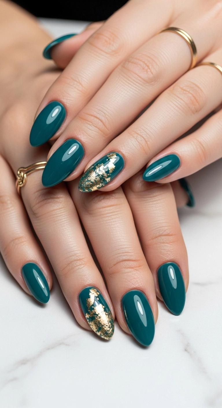Almond-shaped nails in a deep turquoise color with elegant gold foil accents.
