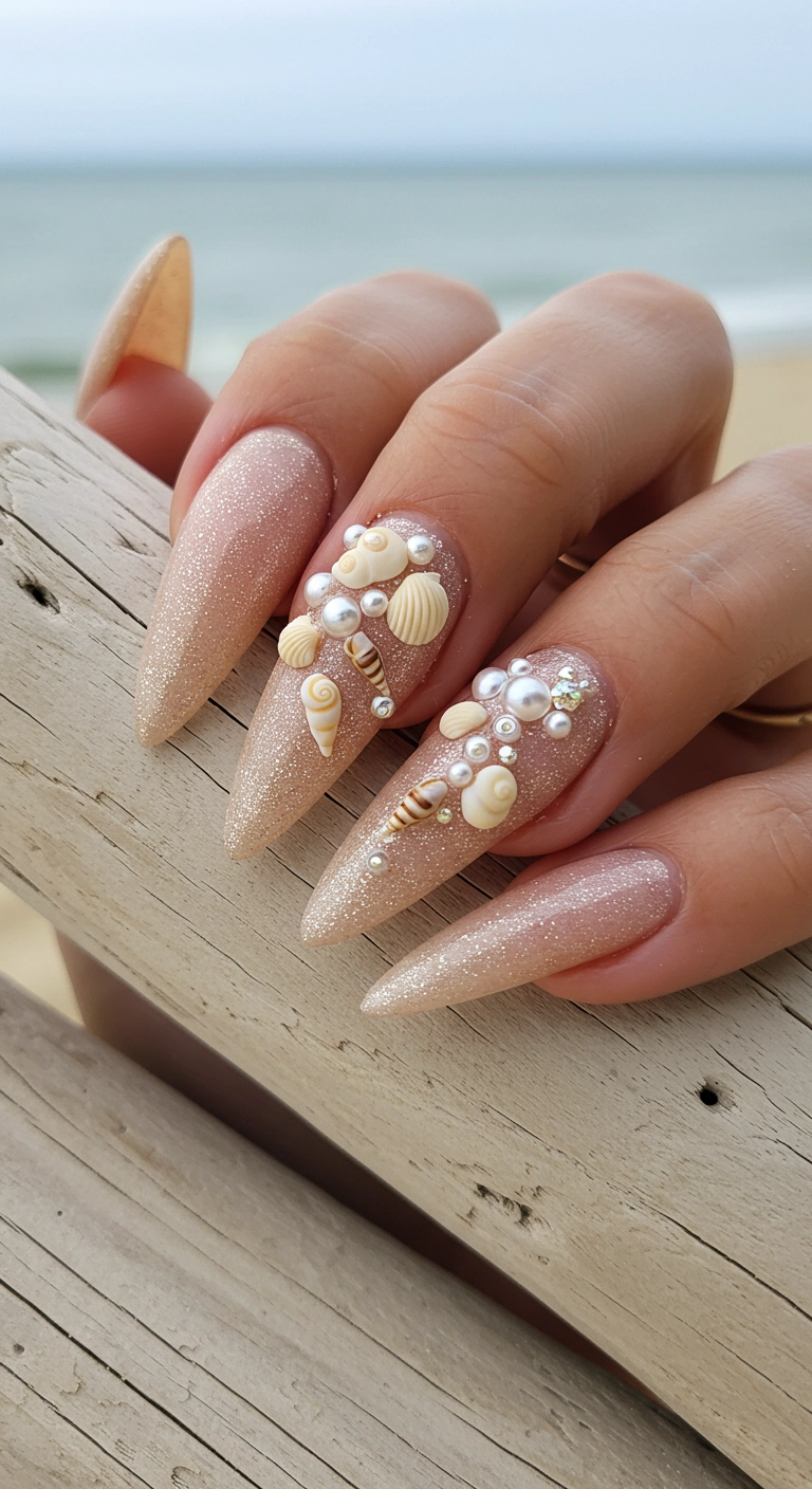 Stiletto nails in a sandy beige color with 3D seashell and pearl accents.