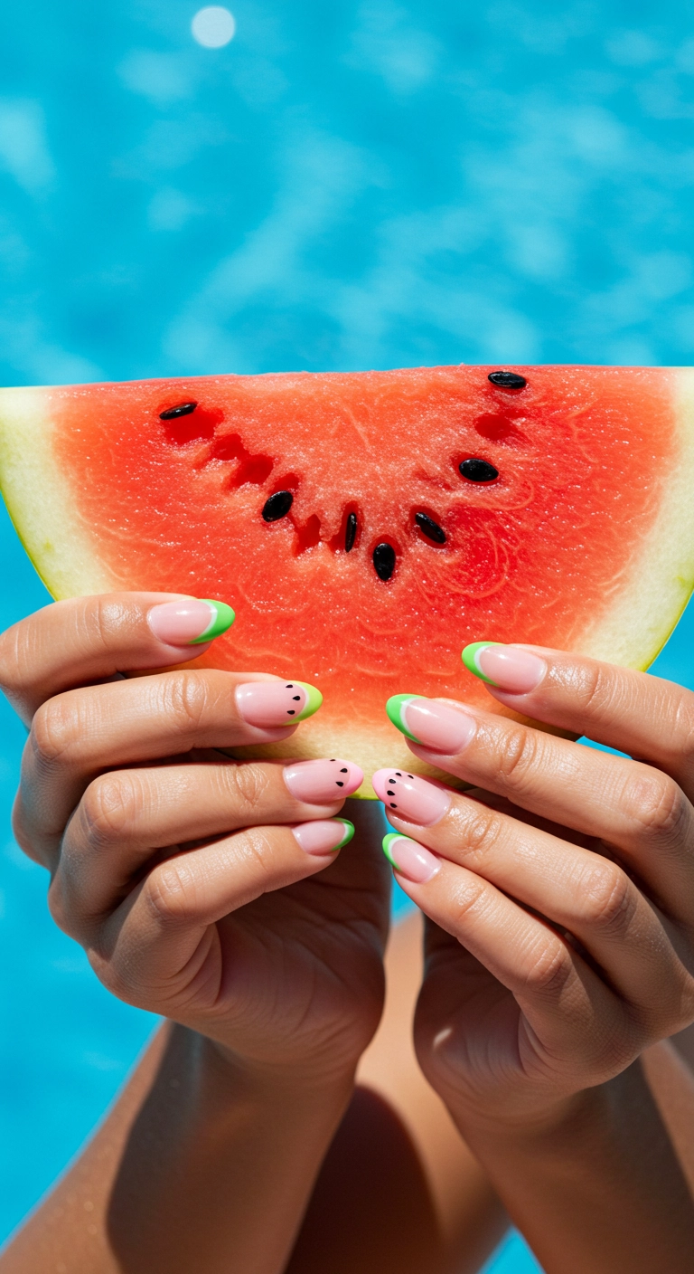 Oval nails painted to look like fun and glossy watermelon slices.