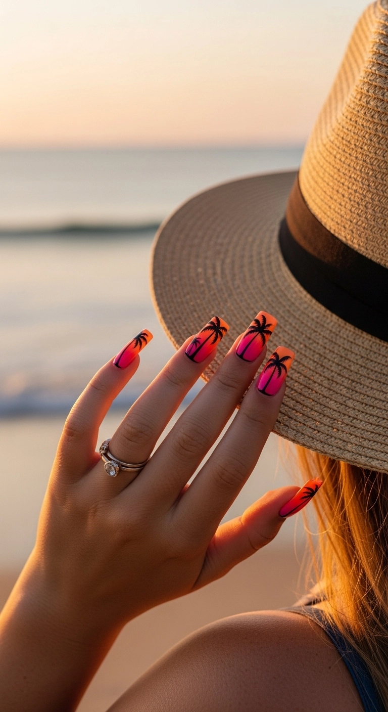 Square nails with a sunset gradient and black palm tree silhouettes.