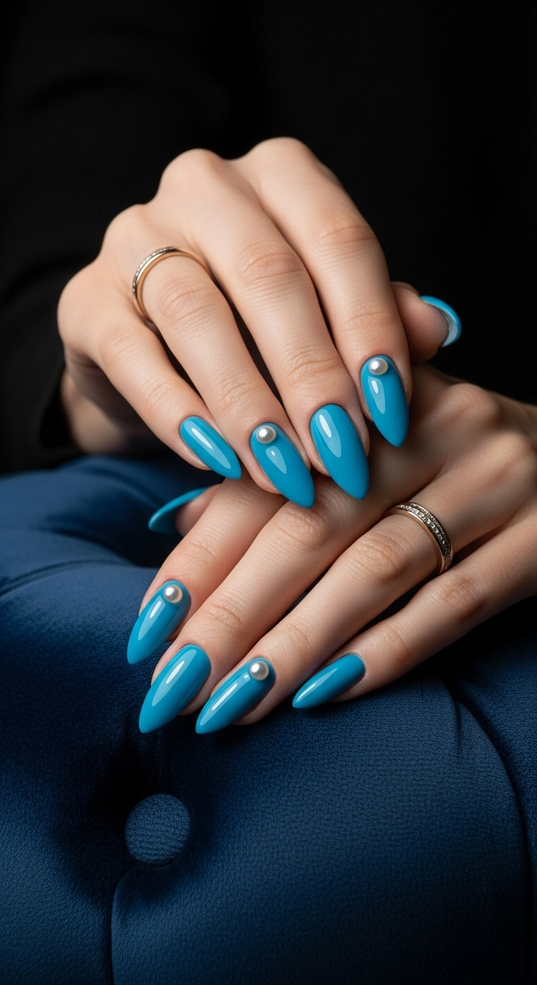 Stiletto nails painted in a glossy baby blue gel, with a single pearl accent on the ring finger.