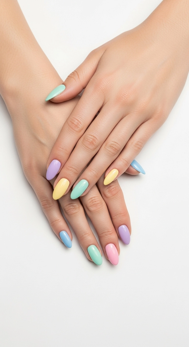Hands with almond-shaped nails, each painted a different pastel color, creating a skittle manicure effect.