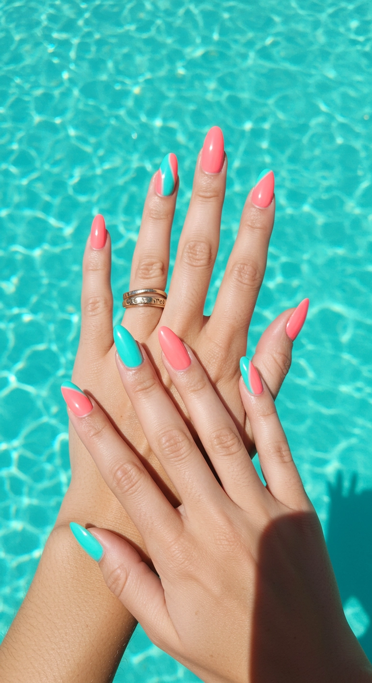 Almond-shaped nails with a bold, color-blocked geometric design in coral and turquoise.
