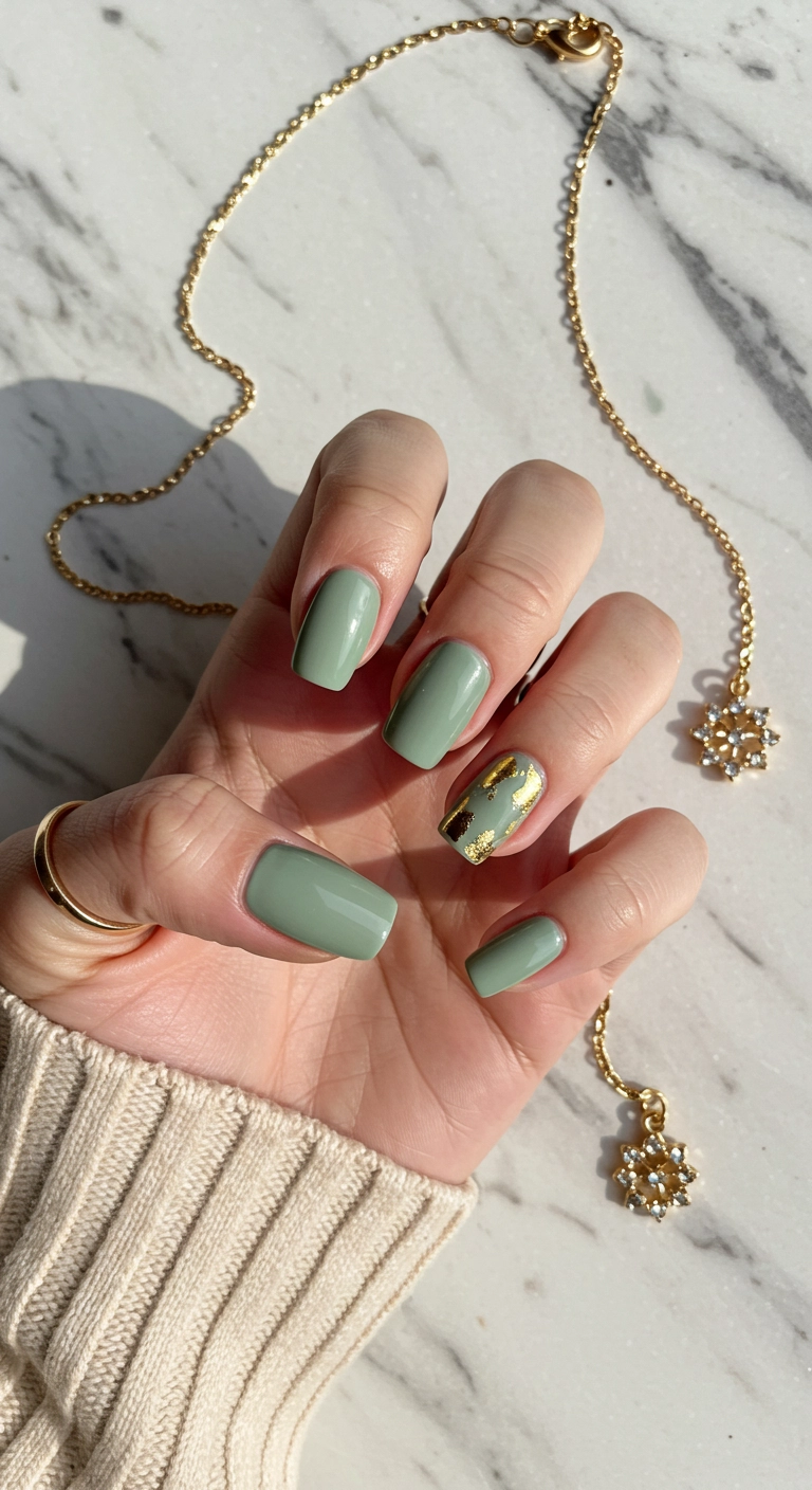 A hand with square-shaped, sage green gel nails accented with torn-edge gold foil.