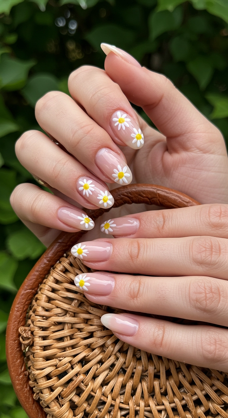 Squoval nails with a negative space design featuring white daisies with yellow centers painted on the bare nail.