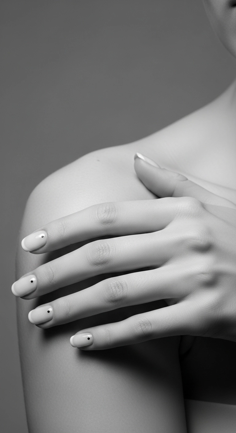 A woman's hand showing short nails with a sheer milky white gel polish and a single black dot at the base.