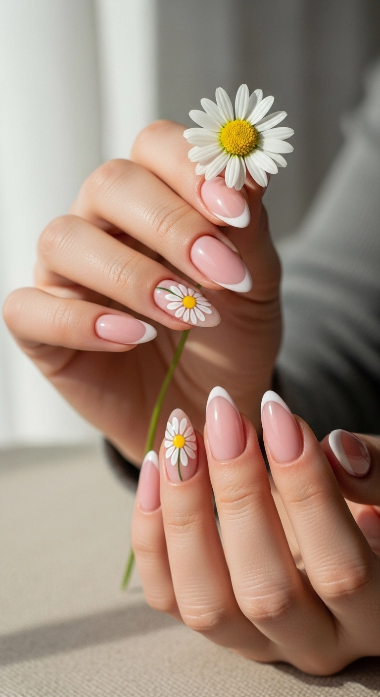 A close-up of almond-shaped nails with a pastel pink French manicure and a delicate daisy accent nail.