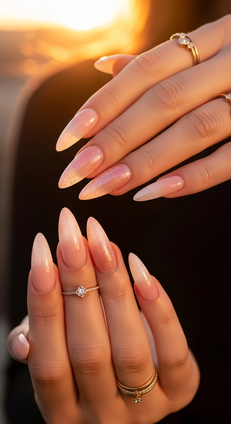 Long stiletto nails with a sparkling peach to milky white ombré gel manicure.