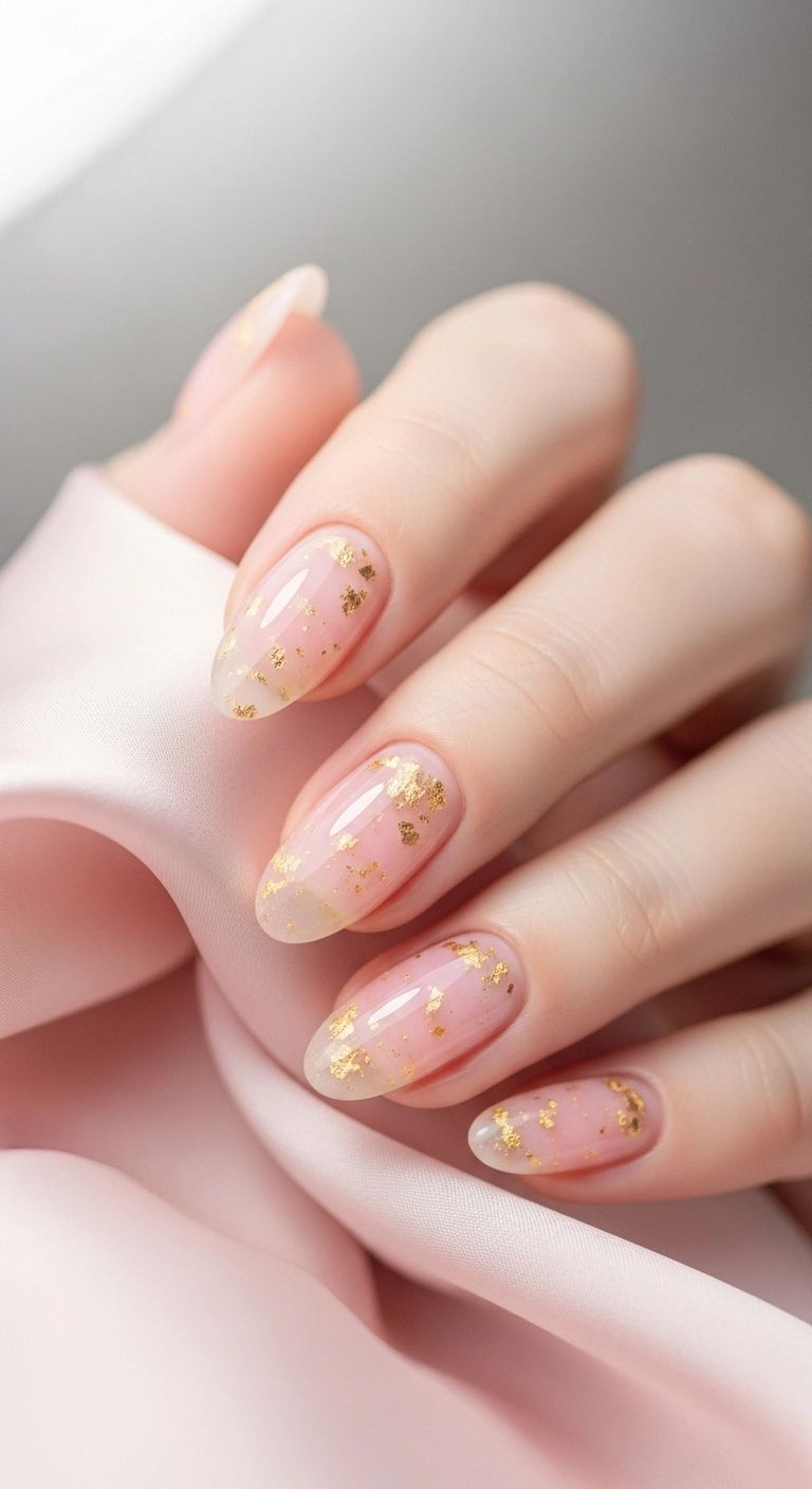 Close-up of oval nails with a sheer pink jelly gel polish containing delicate gold flakes.
