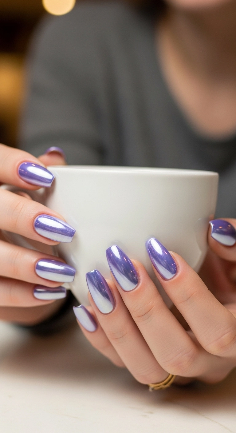 Woman's hands with coffin-shaped lavender chrome nails holding a teacup.