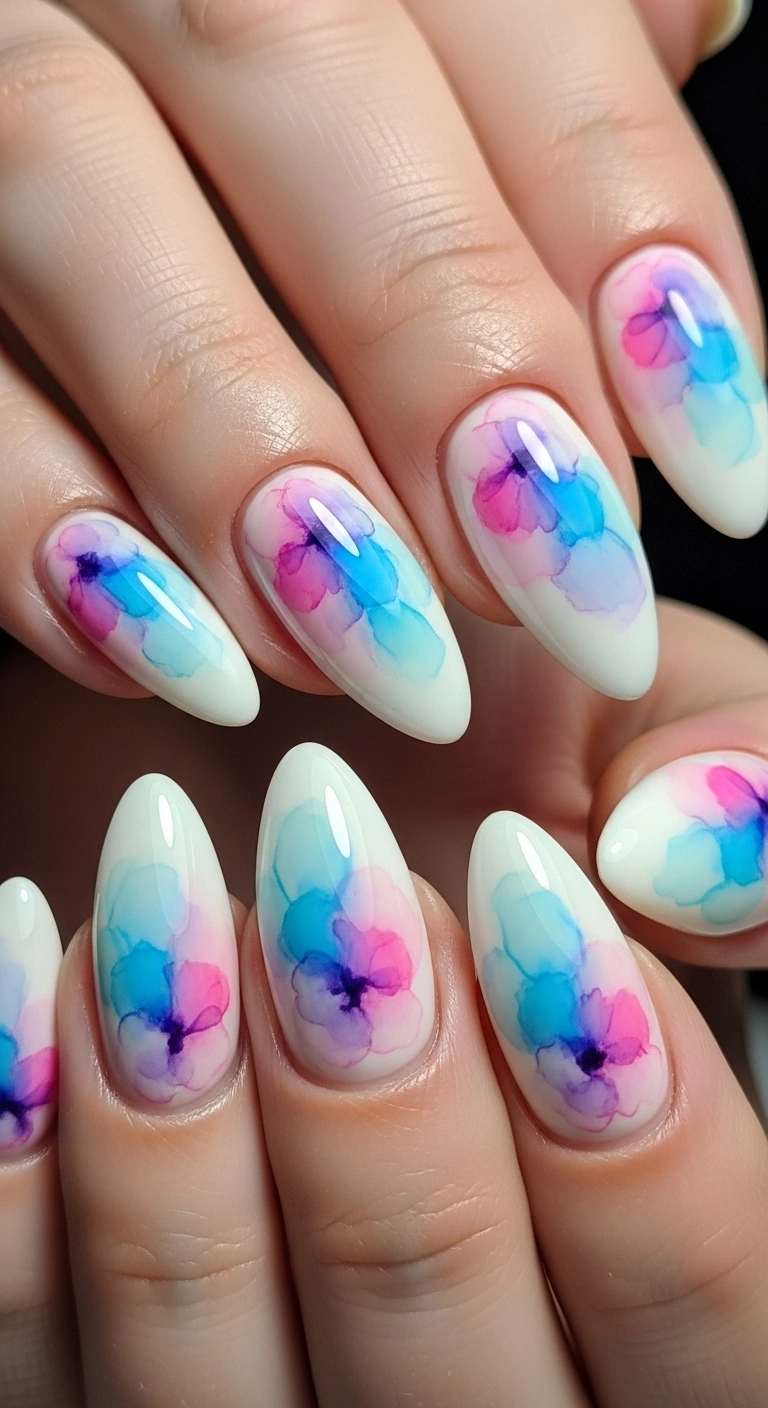 A macro shot of almond-shaped nails with a white base and an abstract watercolor design in pastel colors.