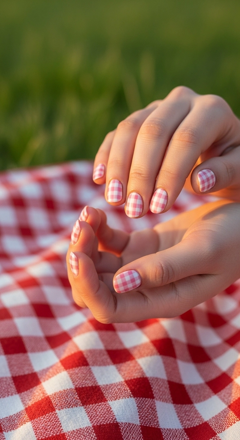 Short, rounded nails with a pink and white gingham gel pattern, resting on a picnic blanket.