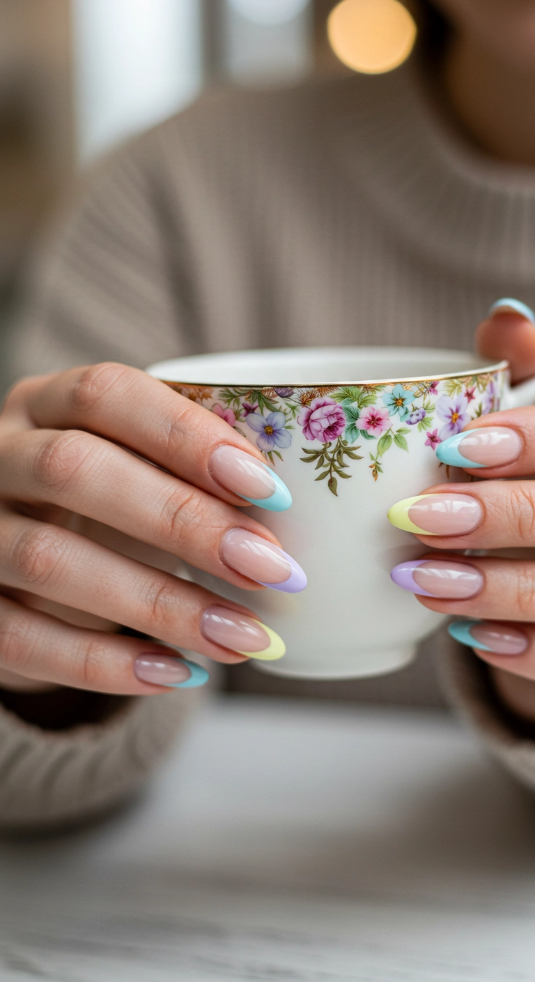 Almond-shaped nails with colorful pastel French tips.