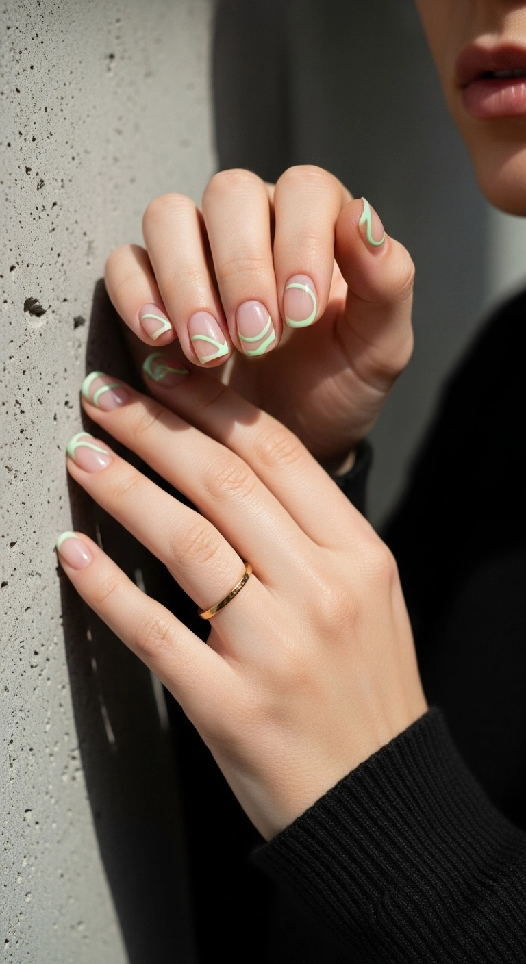 Short nails with a sheer nude base and a single pastel green wavy line on each nail.